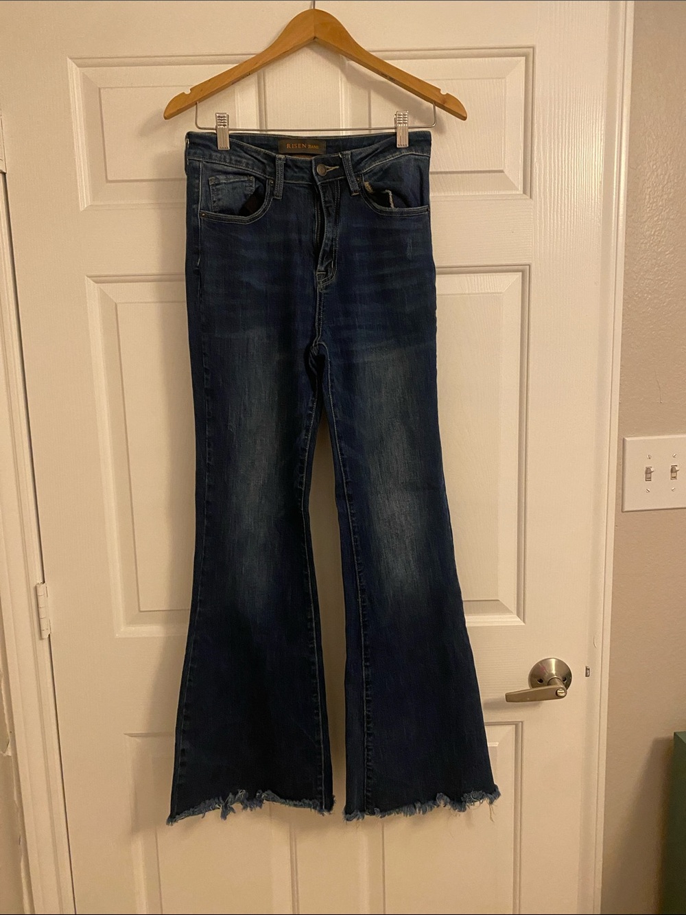 Risen Dark Blue High-Rise Flare Jeans with Frayed Hem